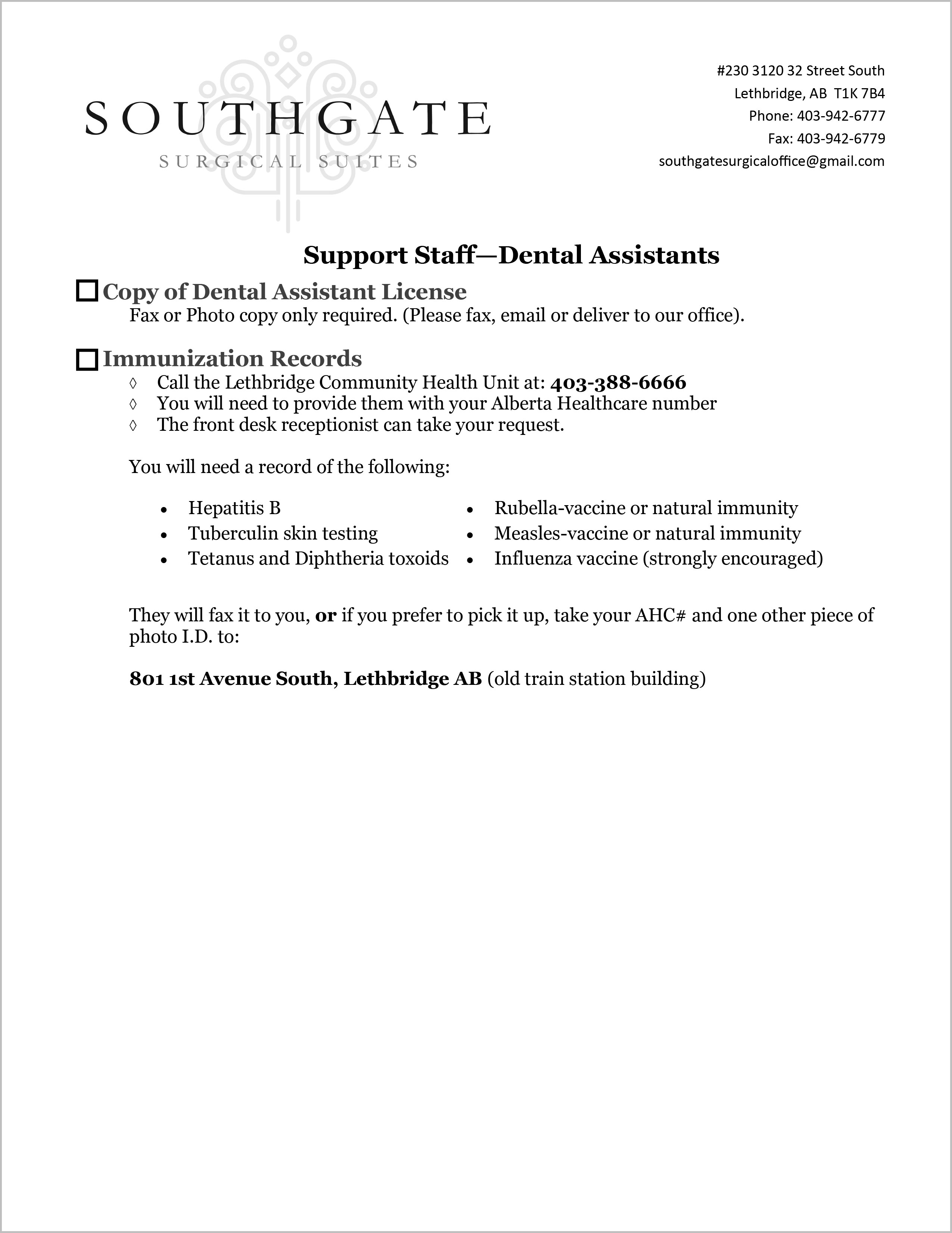 Staff Dental Assistants Form | Southgate Surgical Suites