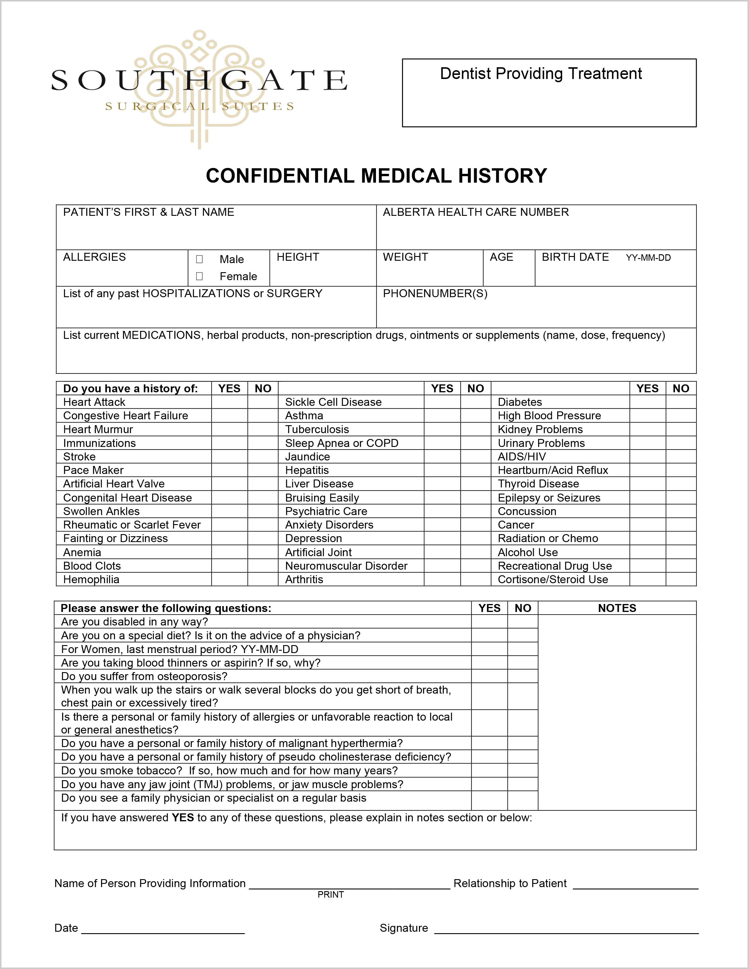 Confidential Medical History Form | Southgate Surgical Suites