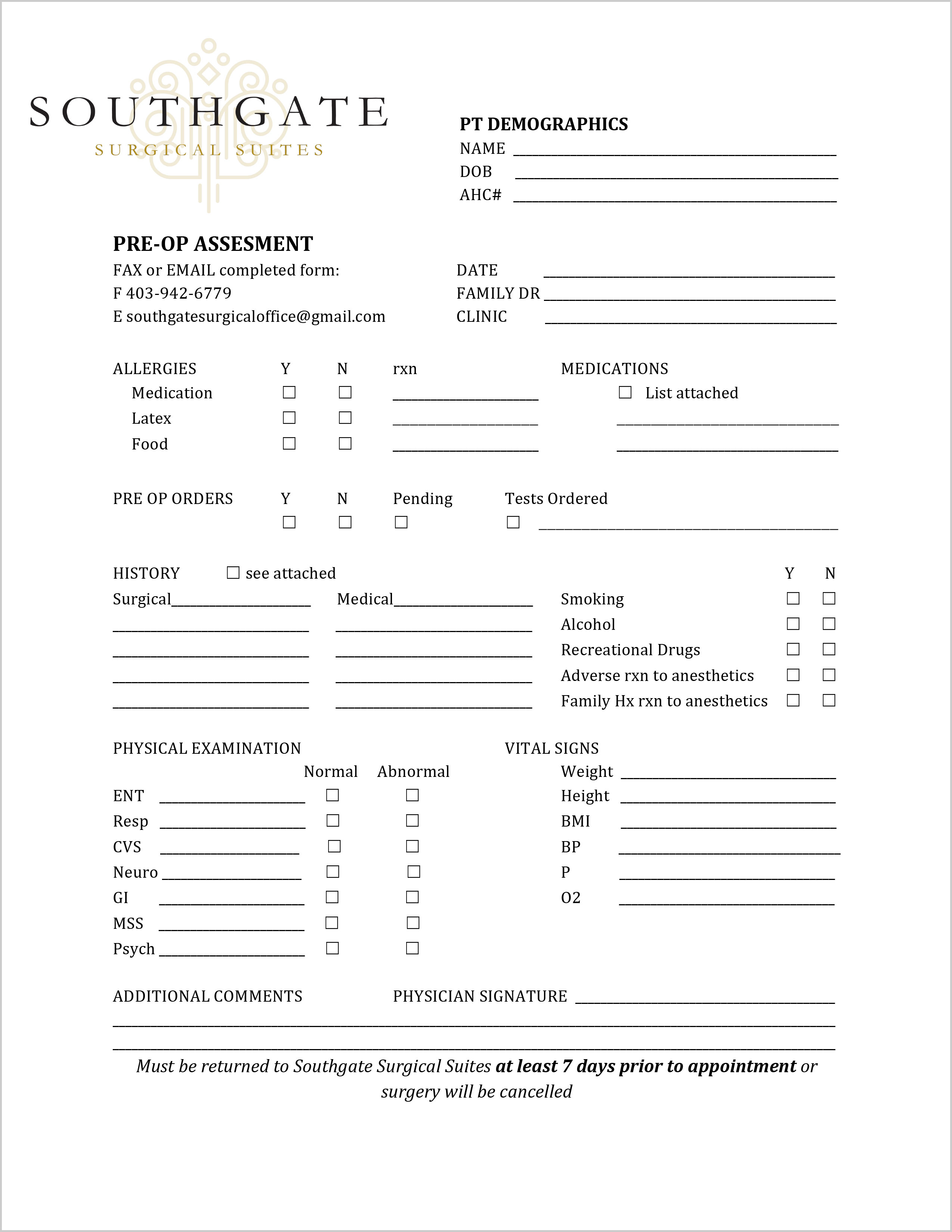 Confidential Medical History Form | Southgate Surgical Suites