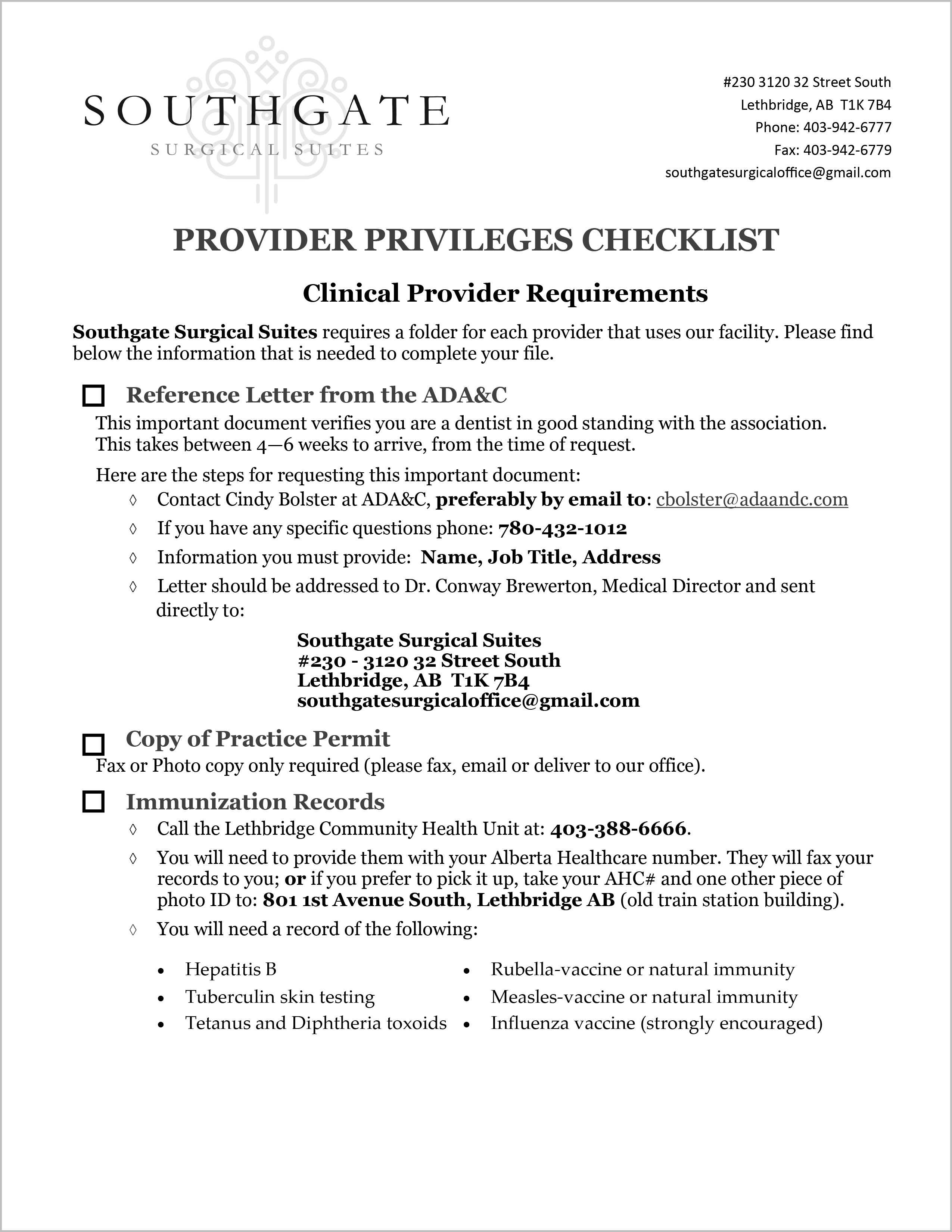Provider Privileges Checklist | Southgate Surgical Suites